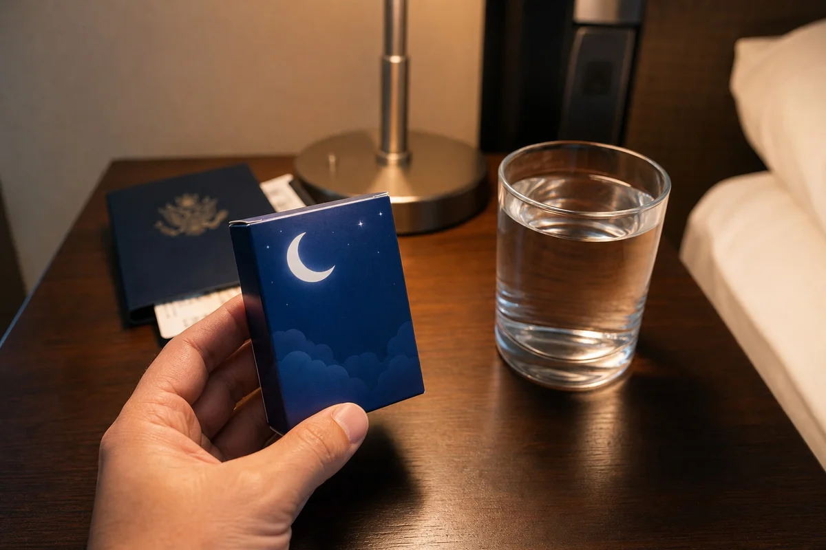 Main tenant une boîte de mélatonine à faible dosage avec un verre d'eau, sur une table de nuit d'hôtel