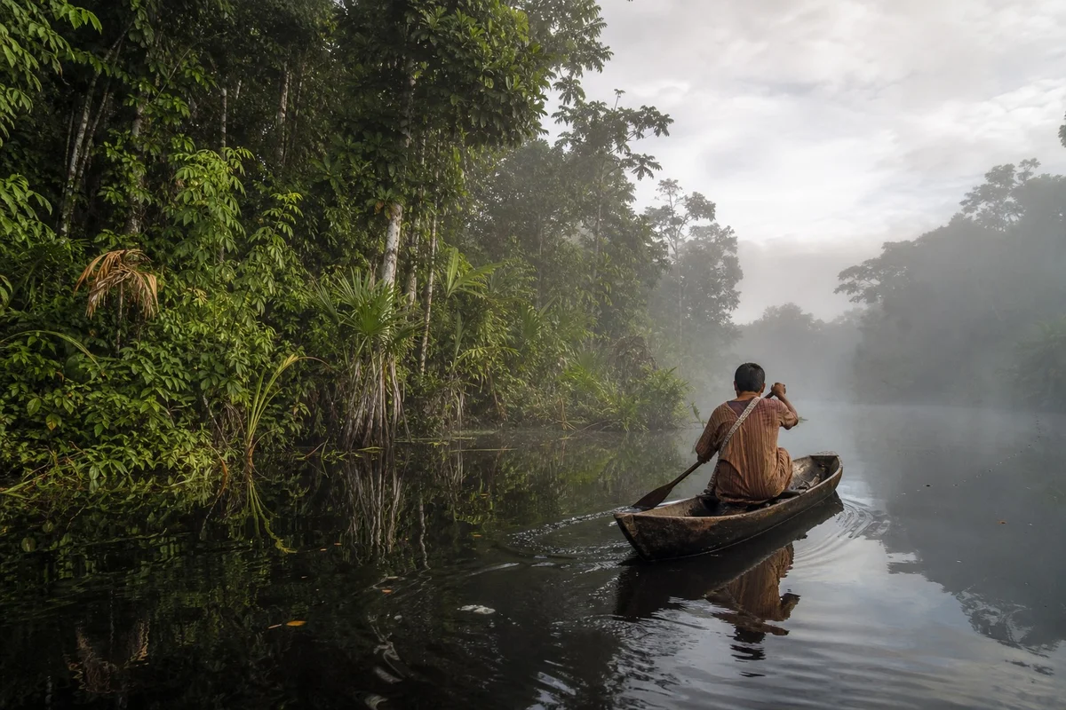 Pirogue sur une lagune aux eaux noires dans la forêt amazonienne au Napo Wildlife Center, parc Yasuní, Équateur