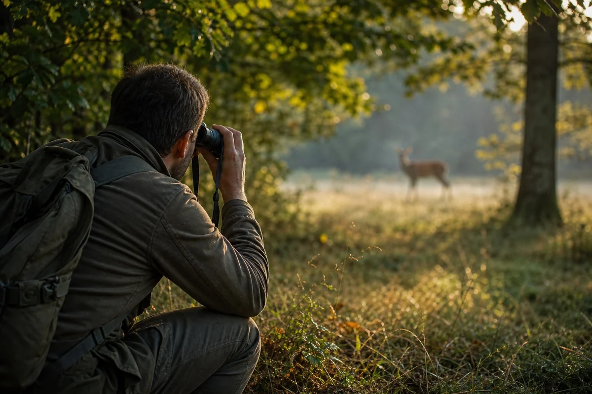 Naturaliste utilisant des jumelles pour observer la faune sauvage en forêt au lever du soleil