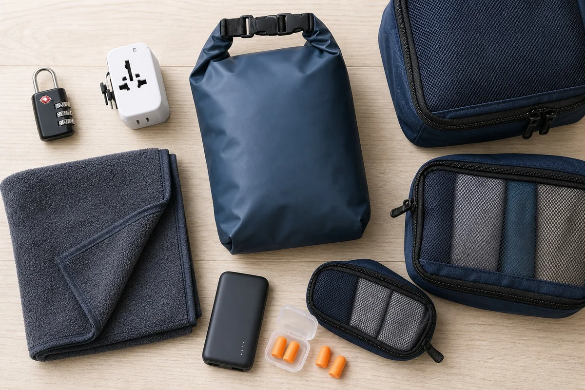 Accessoires de voyage organisés sur une table cadenas TSA cubes de rangement adaptateur universel pochette imperméable