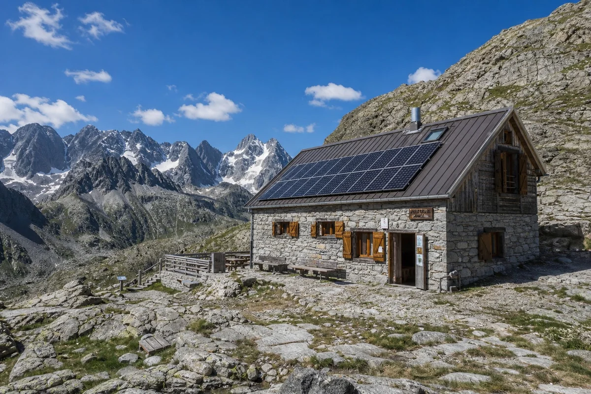 Refuge de montagne isolé du réseau alimenté par panneaux solaires dans les Alpes françaises
