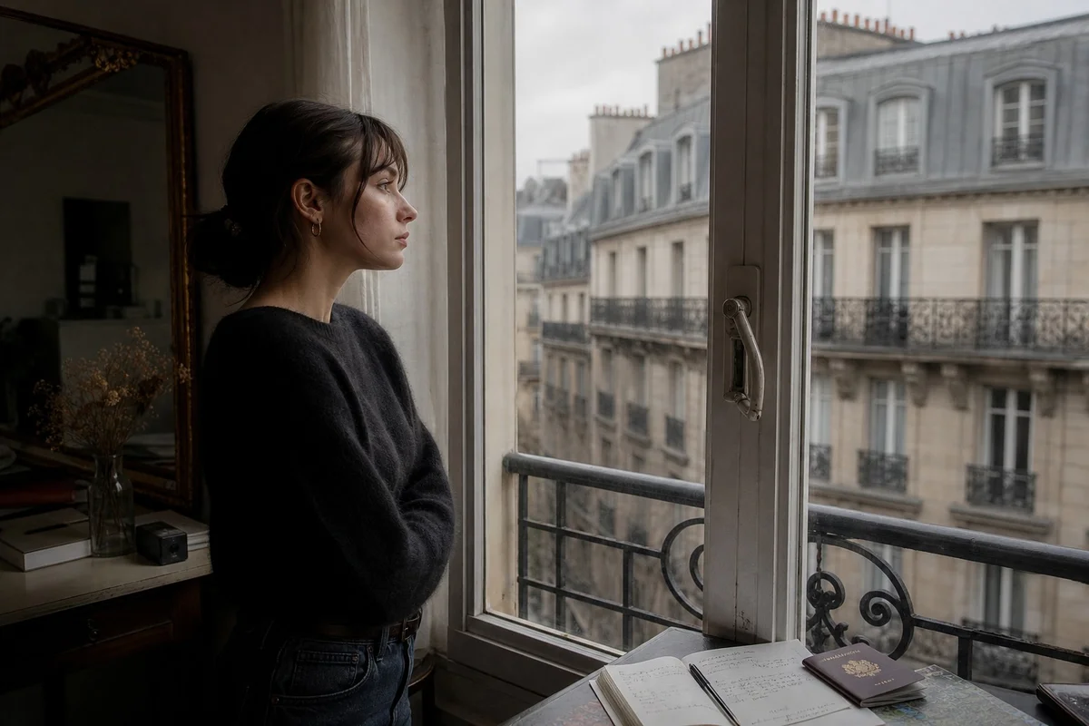 Femme regardant par la fenêtre de son appartement parisien après son retour de voyage, air mélancolique