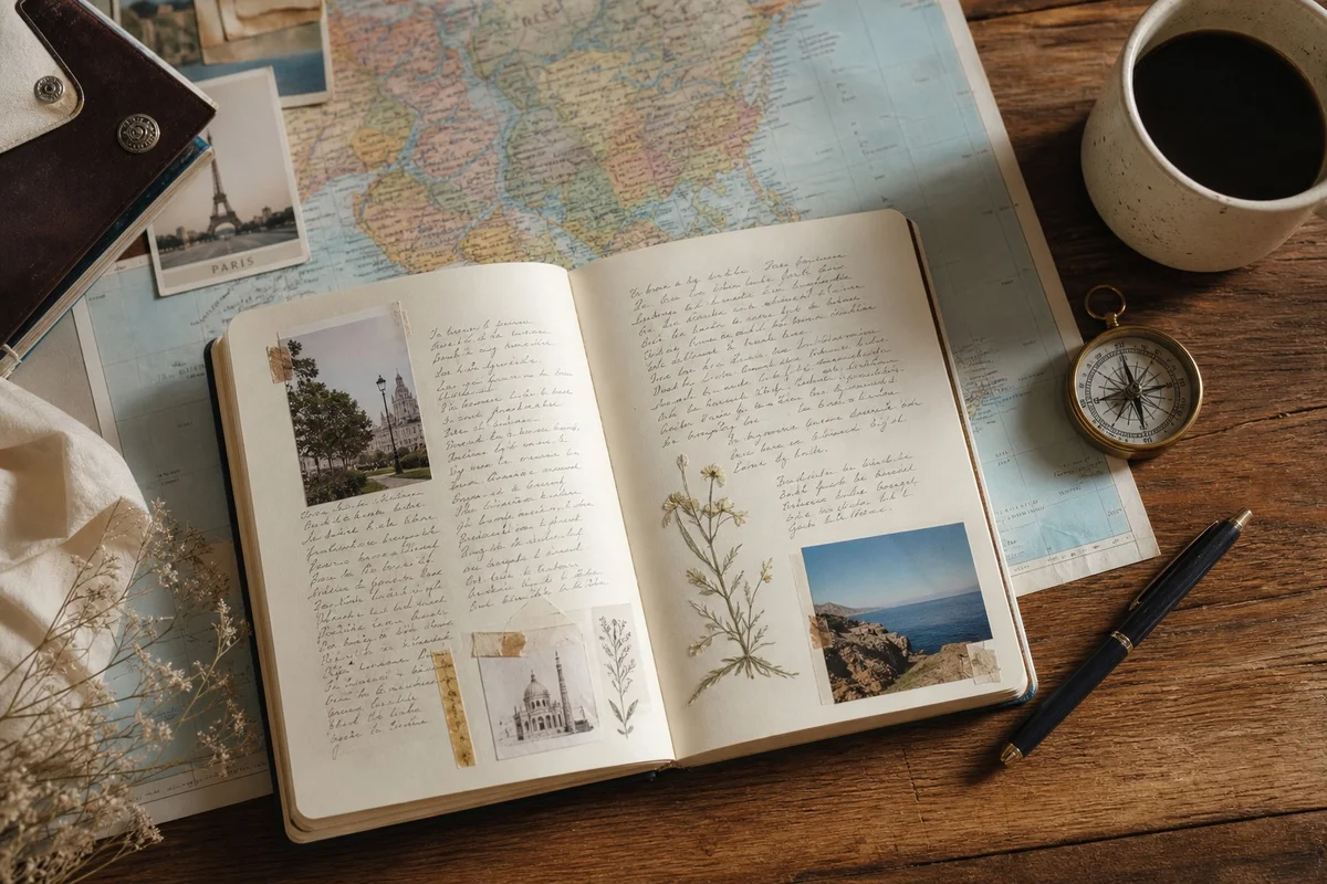 Carnet de voyage ouvert avec carte du monde, stylo et tasse de café, planification du prochain voyage après le retour