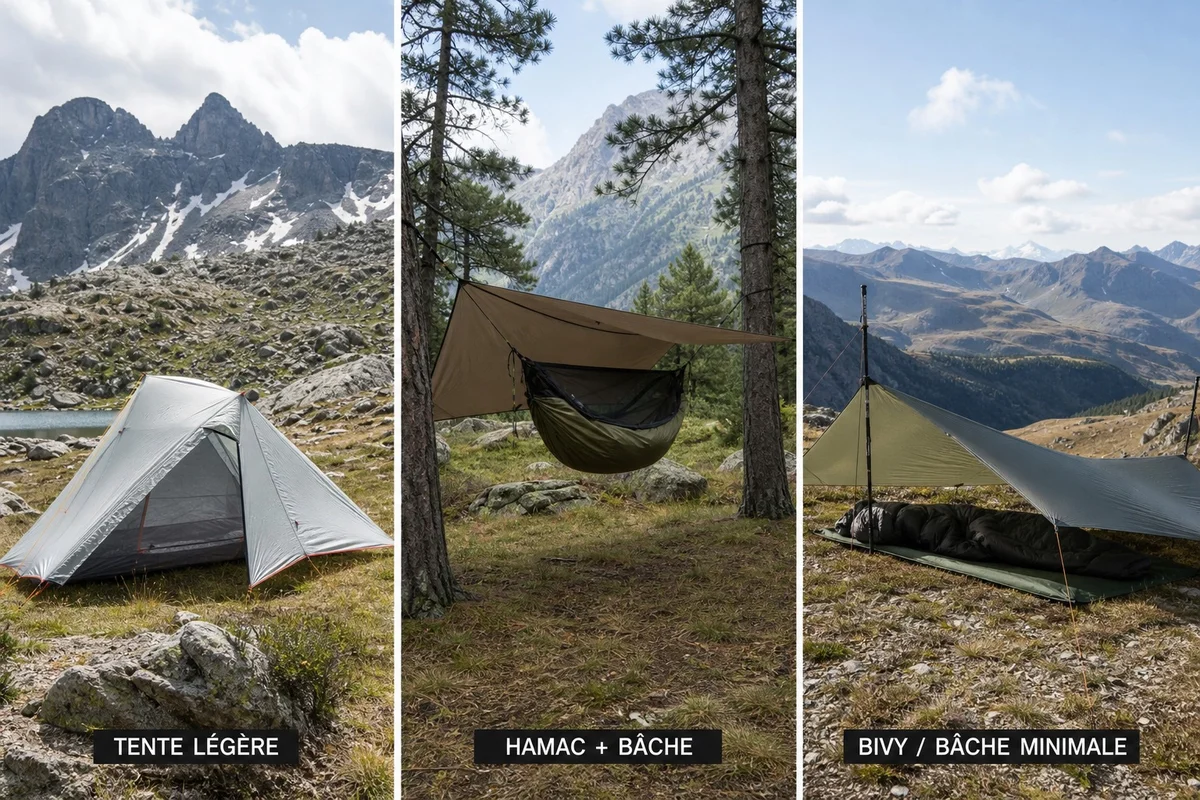Comparatif abris bivouac trek : tente, hamac, tarp Comparaison visuelle des trois abris de bivouac : tente, hamac et tarp côte à côte en nature