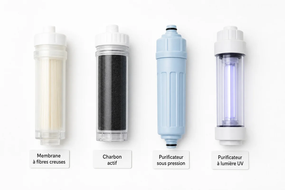 Schéma comparatif des technologies de filtration : membrane fibre creuse, charbon actif, pression, UV