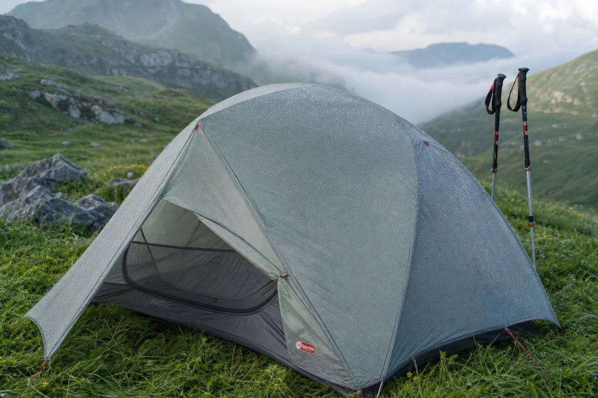 Tente ultralégère pour bivouac en randonnée Tente ultralégère autoportante MSR montée sur un alpage lors d'un trek en France