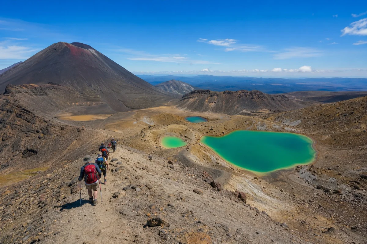 Randonneurs sur le sentier du Tongariro Alpine Crossing avec le mont Ngauruhoe et les lacs émeraude, Nouvelle-Zélande