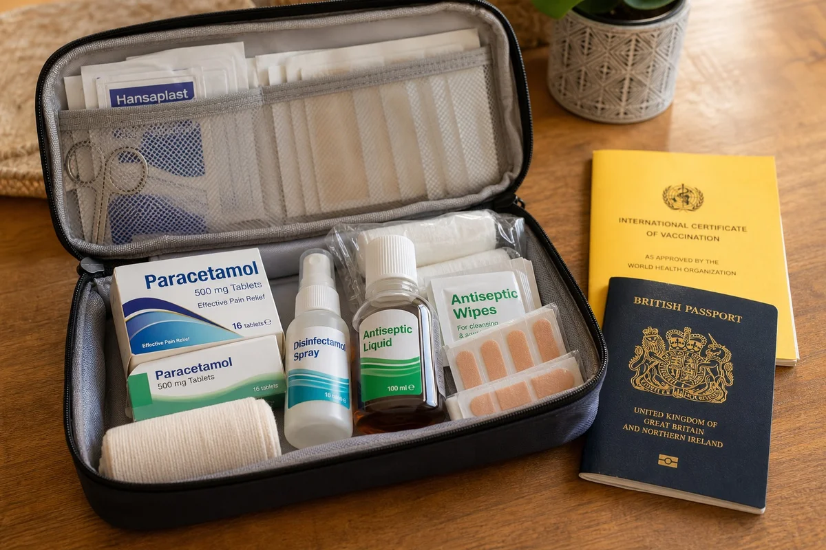 Trousse à pharmacie ouverte pour voyage longue durée avec médicaments pansements désinfectant et notice de vaccins