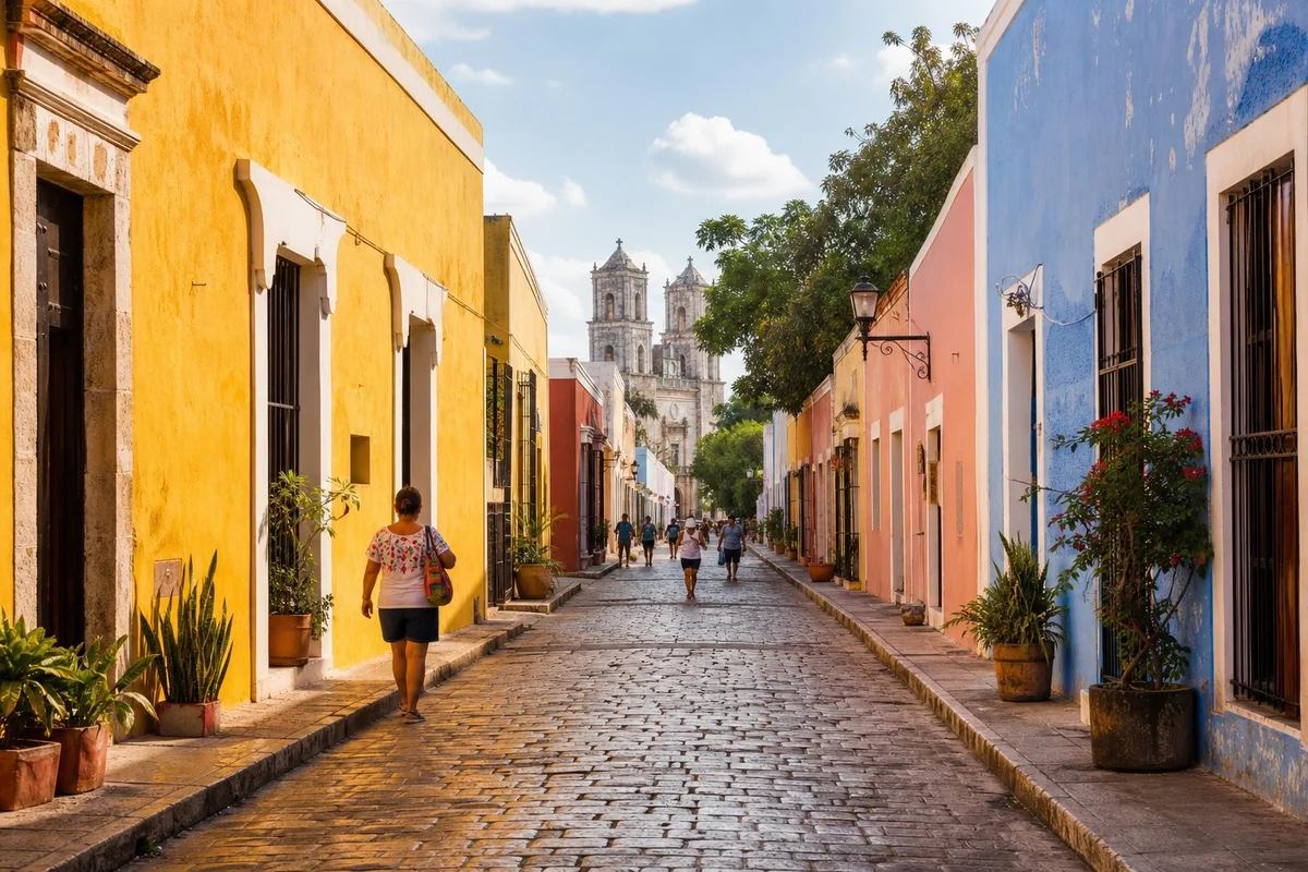 Rues colorées de Valladolid, ville coloniale du Yucatán avec façades pastels et église en arrière-plan