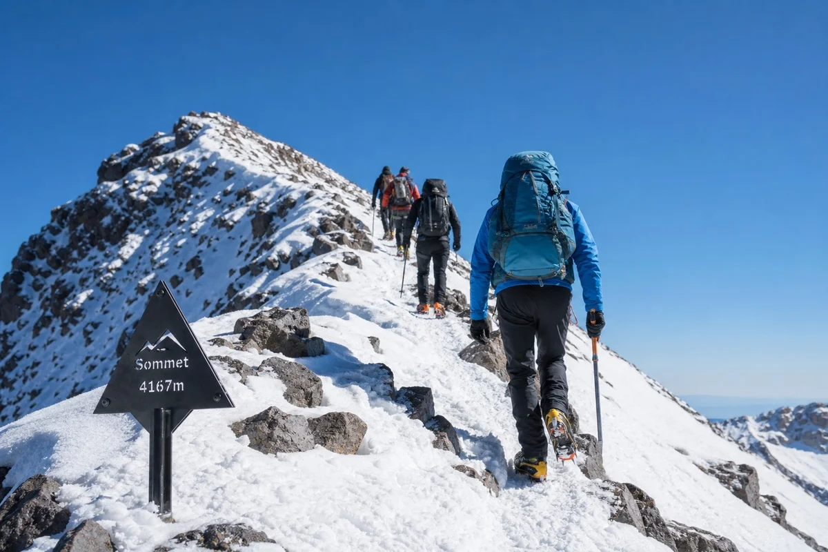 Randonneurs équipés de crampons et piolets progressant dans la neige vers le sommet du Toubkal en hiver
