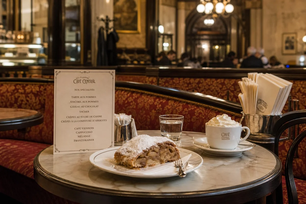 Une pause dans un café viennois, une étape incontournable du séjour Table de café viennois traditionnel avec strudel aux pommes et tasse de café