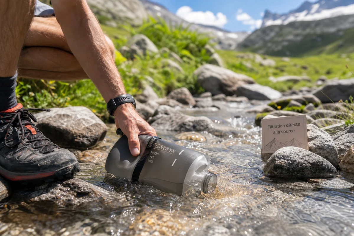 Gourde filtrante randonnée en action près d'un torrent Randonneur remplissant une gourde filtrante souple dans un torrent de montagne en été