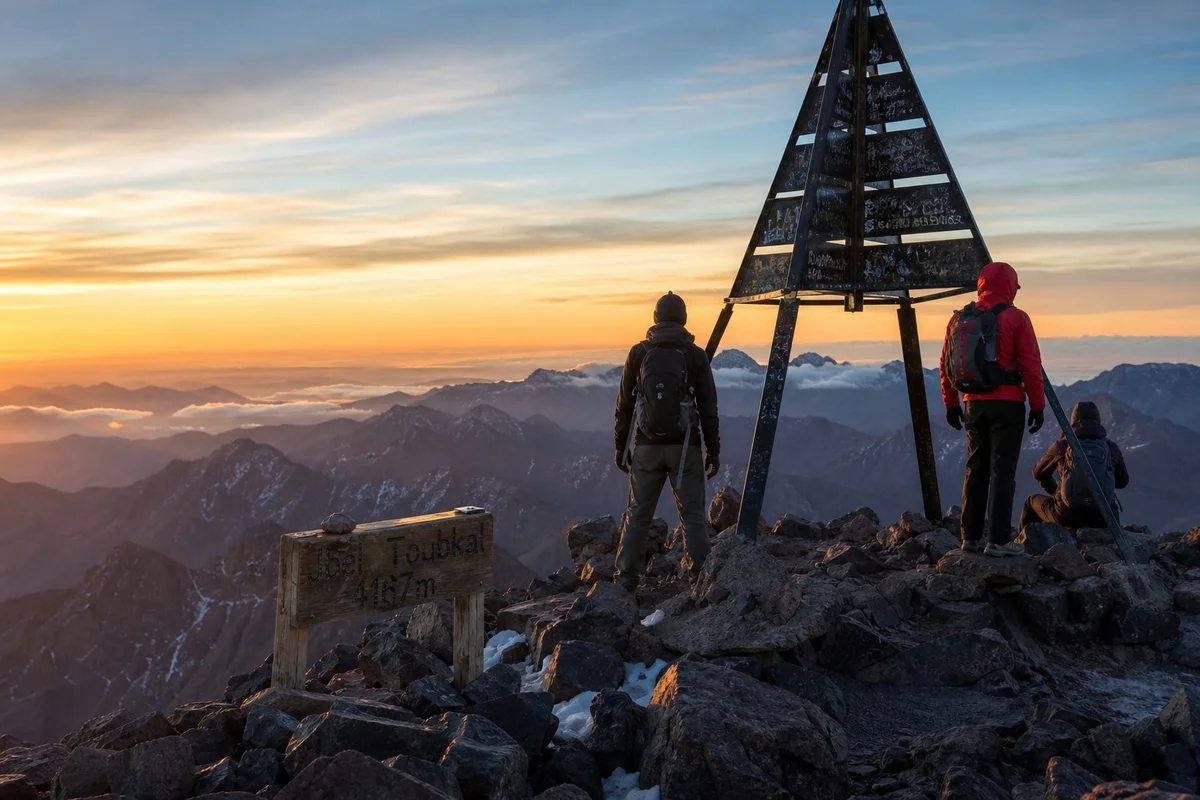 Randonneurs au sommet du Mont Toubkal avec vue panoramique sur le Haut Atlas au Maroc