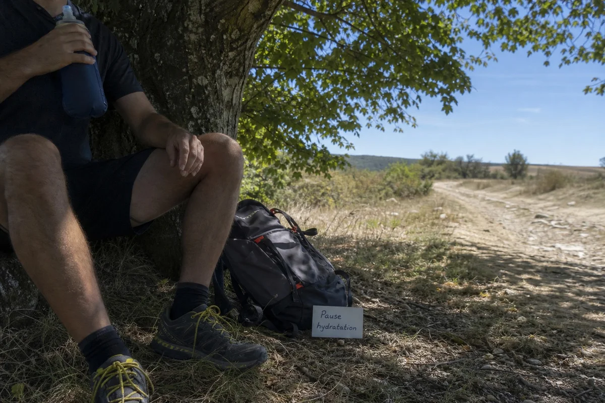 Randonnée sous la chaleur : pause hydratation à l'ombre Randonneur faisant une pause à l'ombre d'un arbre pour boire de l'eau lors d'une randonnée estivale en France