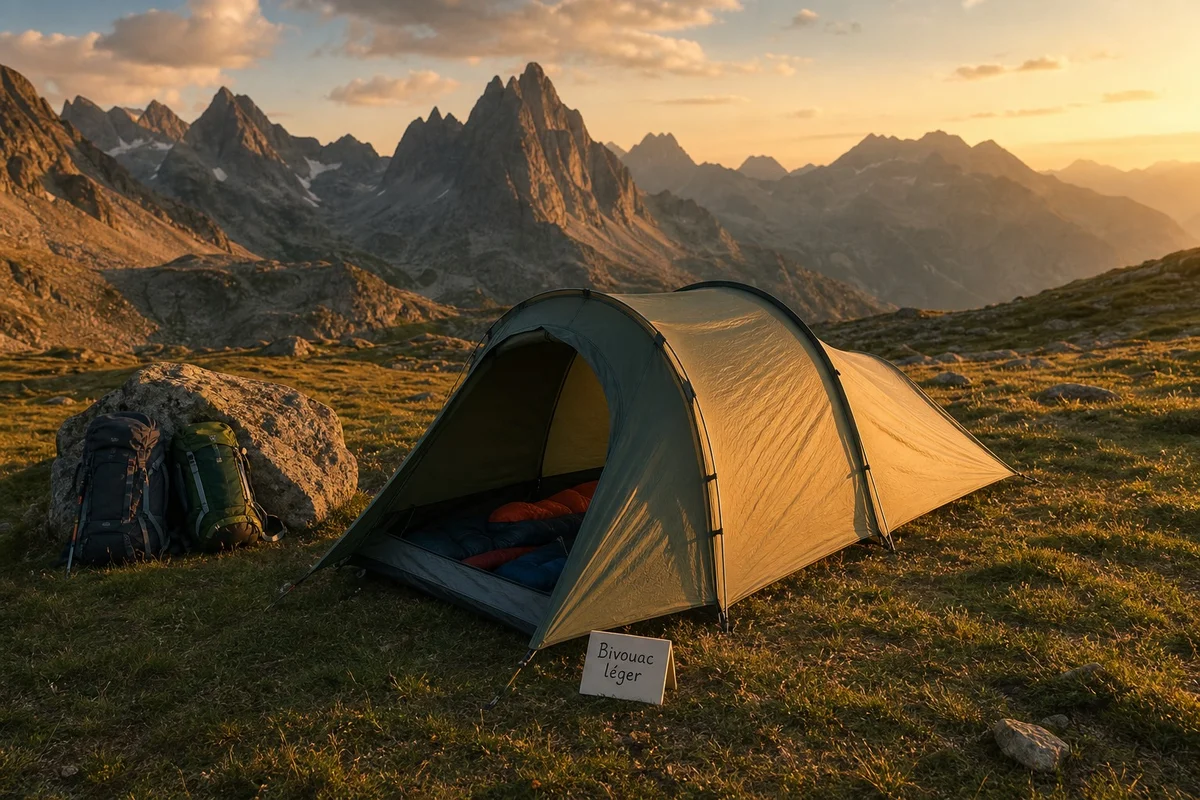 Tente ultra-légère montée en bivouac de montagne Tente ultra-légère à deux places montée sur un plateau herbeux en montagne au coucher du soleil