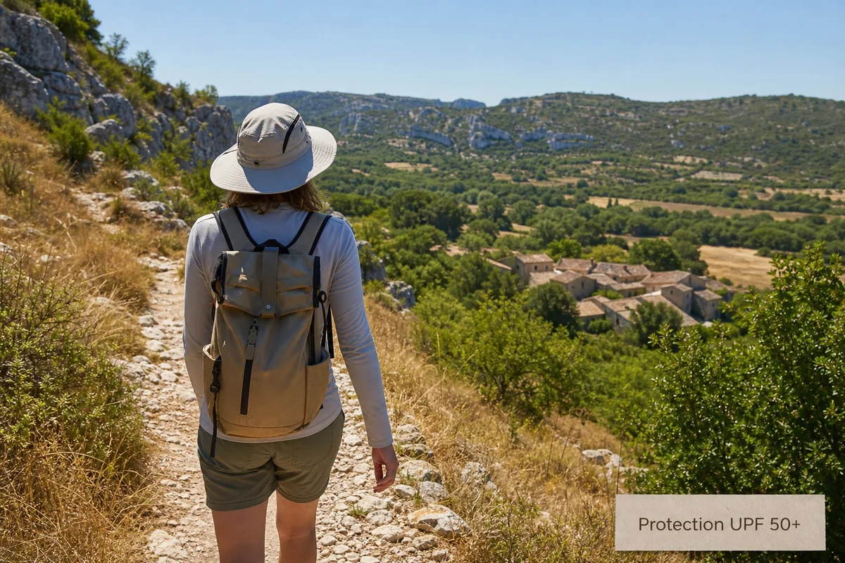 Vêtement anti-UV porté en randonnée estivale Randonneuse portant un tee-shirt anti-UV manches longues et un chapeau à larges bords sur un sentier ensoleillé