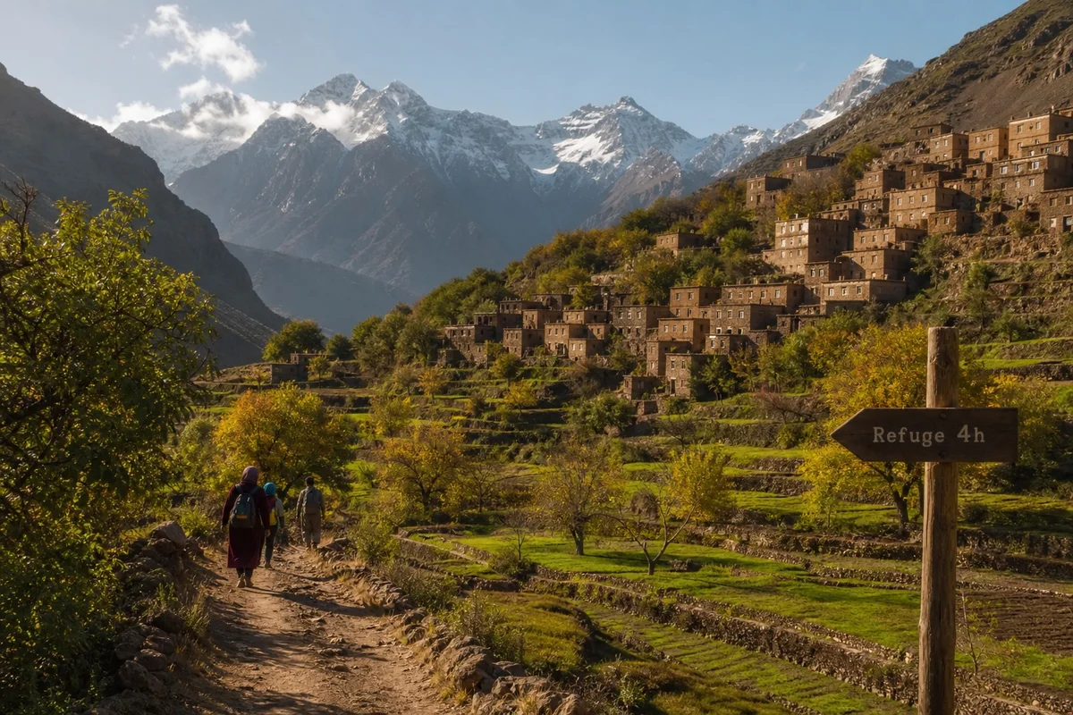 Village berbère traditionnel d'Aremd traversé lors de la randonnée vers le Mont Toubkal