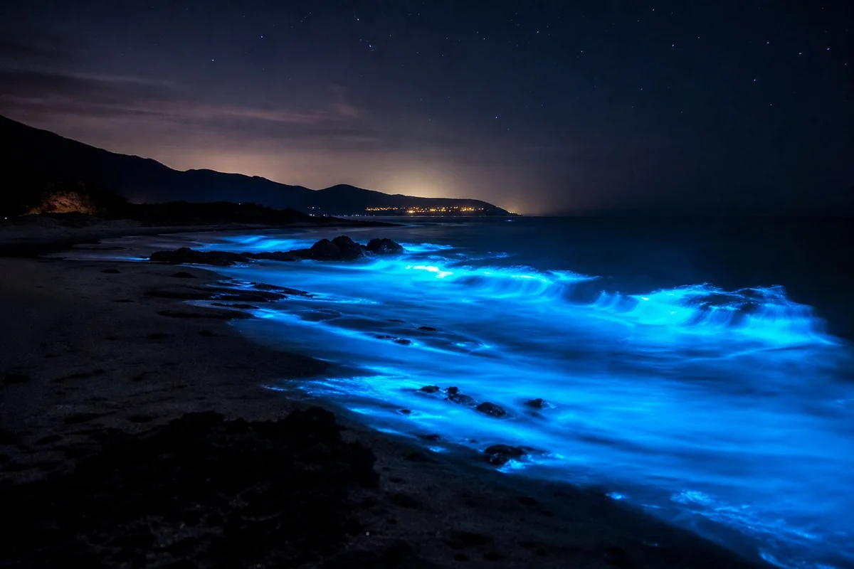 Vagues bioluminescentes la nuit sur une plage Vagues bleu turquoise bioluminescentes s'échouant sur une plage sombre la nuit