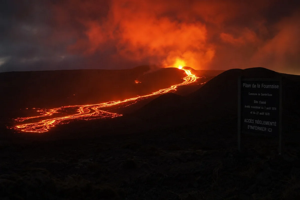 Éruption du Piton de la Fournaise à la Réunion Coulée de lave rougeoyante du Piton de la Fournaise la nuit sur l'île de la Réunion
